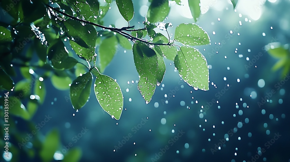 Poster vibrant green leaves drenched in raindrops creating a refreshing natural scene : generative ai