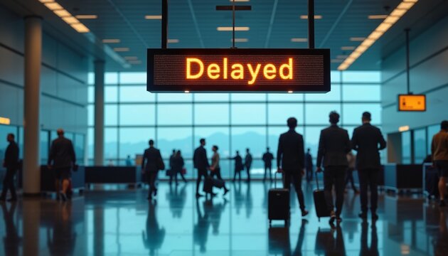 Busy airport terminal with delayed flight sign, symbolizing travel disruption