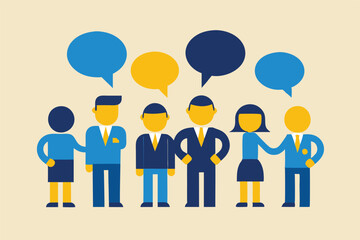 Flat design, cartoon business people, speech bubbles, team communication, colorful icons, diverse workforce, corporate collaboration, simple shapes, minimalist style, textured background, 