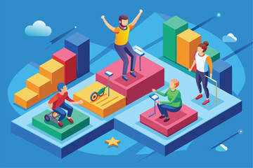 Unique podium setup showcases Paralympic athletes celebrating achievements in a vibrant environment, Paralympic winners podium Customizable Isometric Illustration