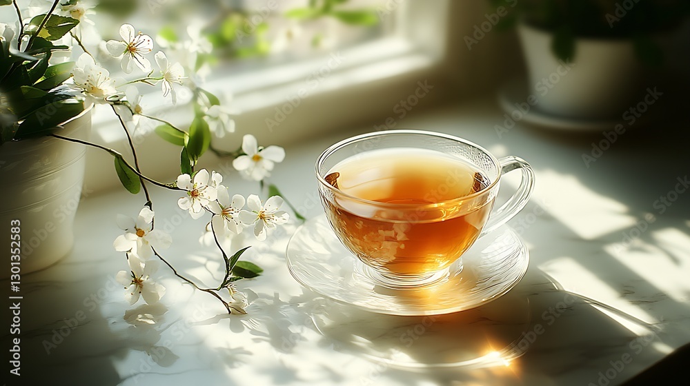 Poster a charming cup of tea surrounded by flowers and bathed in soft sunlight creating a serene atmosphere