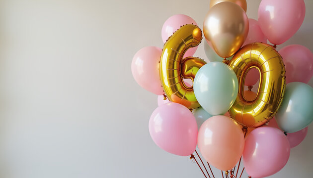 Golden 60th birthday balloons with pastel colors, festive celebration decoration
