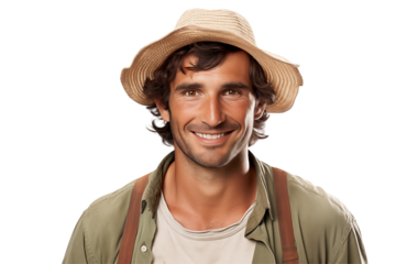 Male farmer on transparent background – Isolated agriculture worker with traditional farming outfit – Perfect for farming, agribusiness, rural life, organic agriculture, and food production industry u
