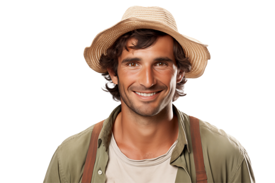 Male farmer on transparent background – Isolated agriculture worker with traditional farming outfit – Perfect for farming, agribusiness, rural life, organic agriculture, and food production industry u