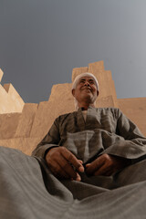 Photo of an Arab man wearing a white turban and traditional clothing with traditional patterns, smiling as he poses for the photo. Travel to Egypt. Valley of the Kings