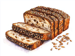  Watercolor Illustration of Whole Grain Seeded Bread with Sliced Pieces on White Background