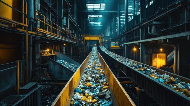 The interior view of a factory with conveyor belts is present