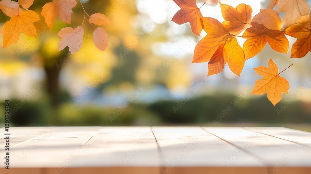 Aufkleber charming autumn leaves with warm colors drifting above a rustic wooden table and soft light : genera