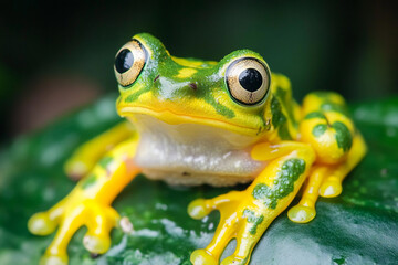 Corticale Vietnamese mossy frog resting on a green leaf. Generative AI