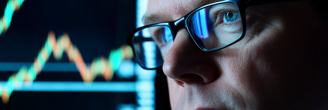Trader analyzes stock market trends with glasses at desk. Generative AI