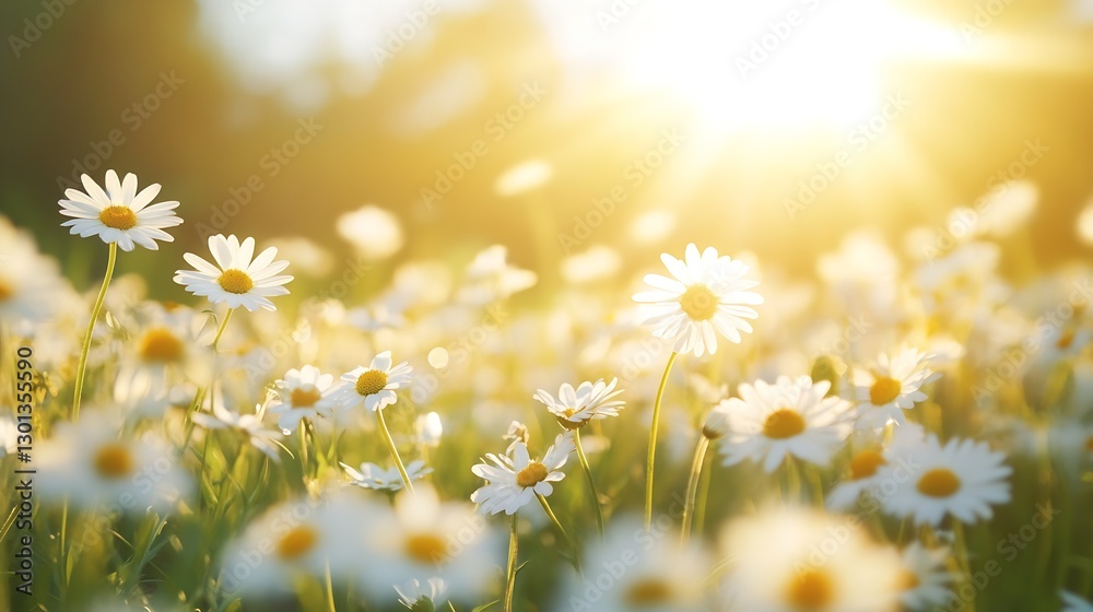 Poster sunlight streaming over a sea of daisies creating a dreamy atmosphere : generative ai