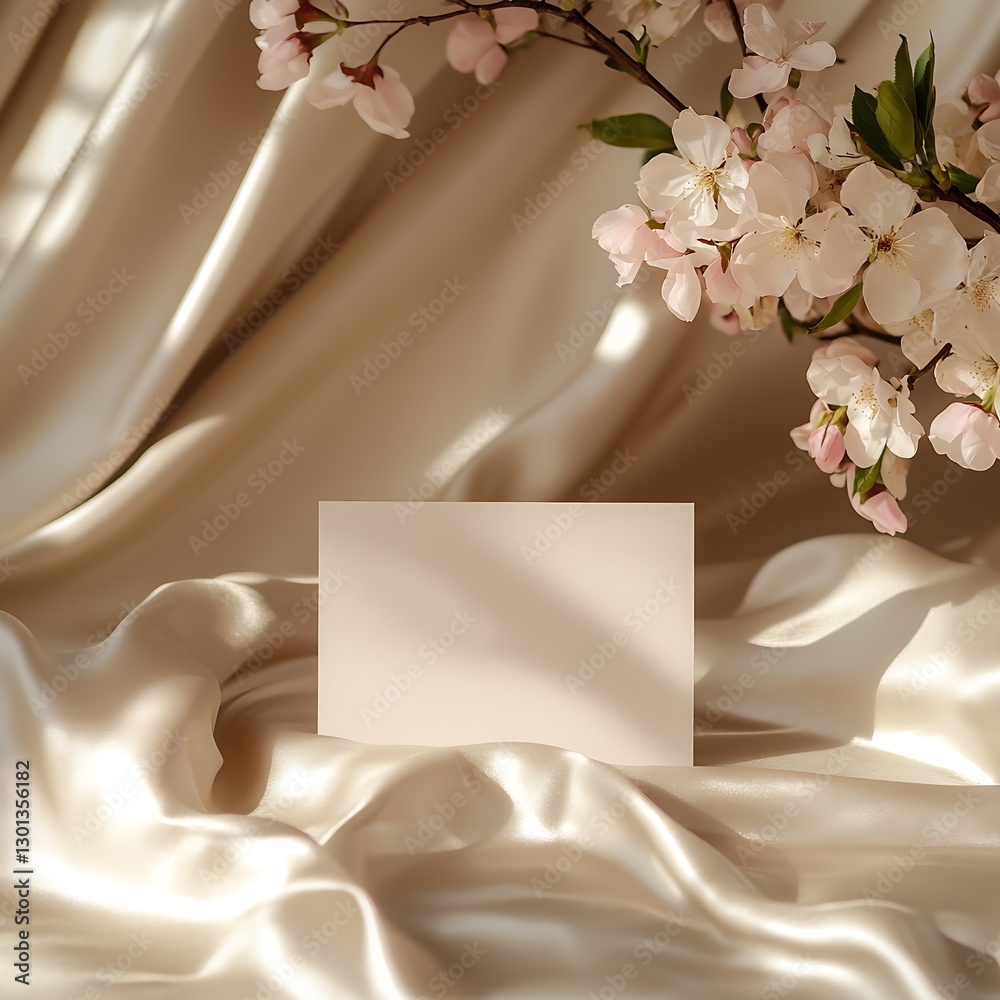 Aufkleber stylish blank card placed on luxurious satin fabric with charming cherry blossoms creating a serene 