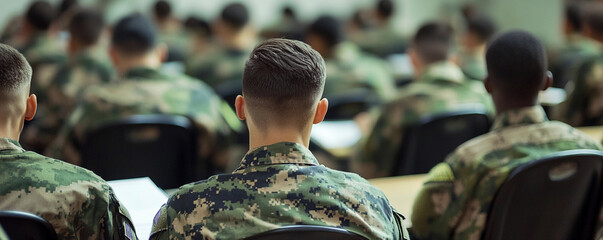 Cadets in camouflage uniforms attending a briefing session. Generative AI
