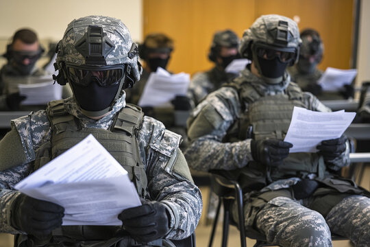 Trainees in combat gear reviewing training documents. Generative AI