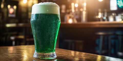 Celebrating with green beer served in a cozy pub. Generative AI