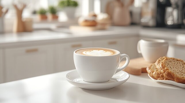 A comforting cup of latte art surrounded by sliced bread and cozy kitchen ambiance : Generative AI