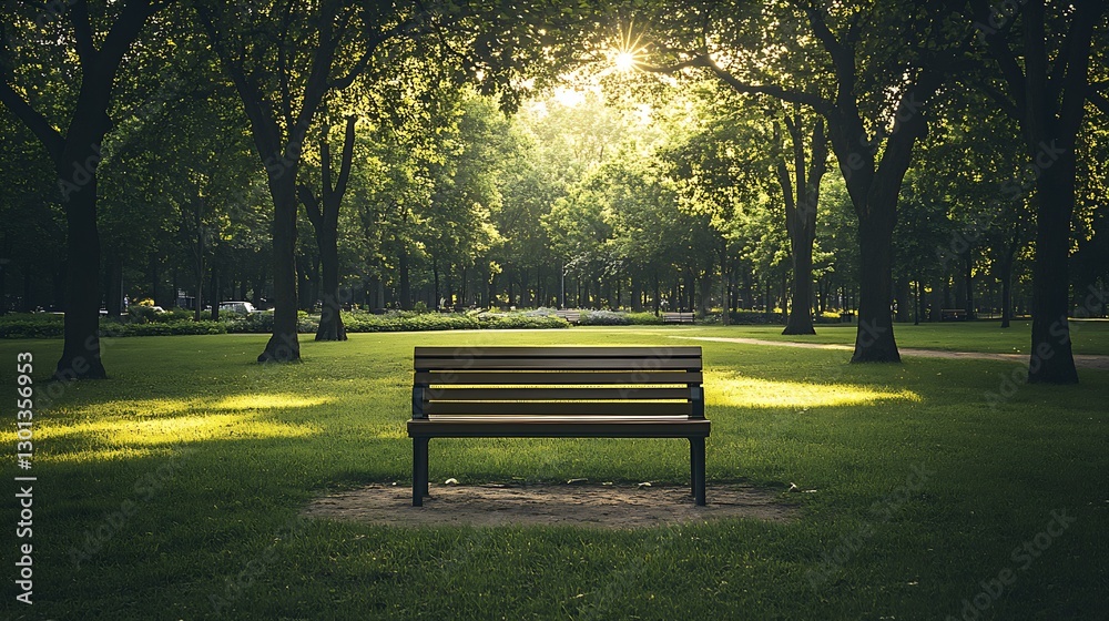 Poster charming park scene with a solitary bench bathed in sunlight amidst a lush green backdrop of trees :