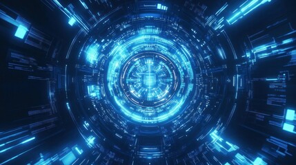 Fototapeta premium A futuristic digital tunnel with blue neon illuminated details