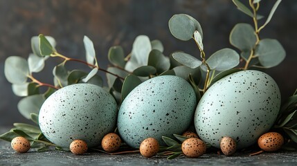 Fototapeta premium Easter arrangement with a green touch light toned eggs and eucalyptus branches on a textured grey base.