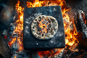 A coarse grain flatbread sizzles on a hot stone, surrounded by a warm fire crackling with glowing embers, capturing a rustic moment of culinary tradition