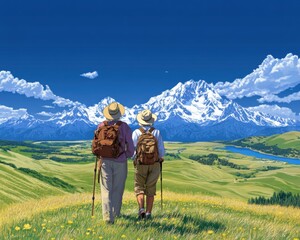 Obraz premium Inspiring Journey Elderly Couple Hiking Towards a Breathtaking Scenic Overlook Witnessing Adventure and Endurance in Golden Years Embrace active aging as a senior couple conquer trails Discover the