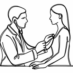 In one line black, white background, a doctor examining a patient