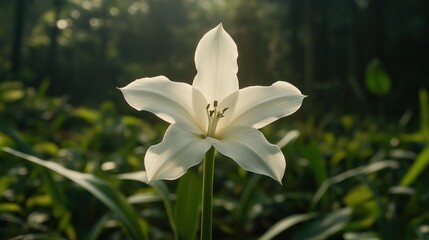 Obraz premium White Flower Blooming in a Lush Green Garden, Sunlight Filtering Through Trees