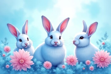 Obraz premium Cute White Rabbits Among Pink Flowers in a Pastel Sky Background Image