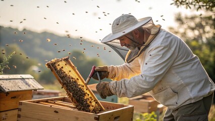Beekeeper inspecting a beehive frame covered in bees, outdoor apiary.
