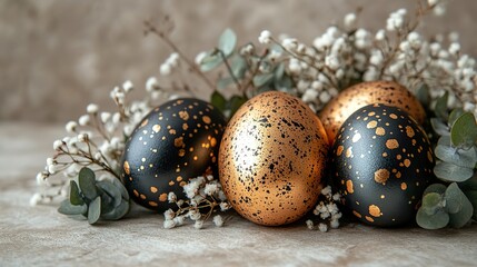 Obraz premium Easter setting opulent black and gold eggs, eucalyptus sprigs, and gypsophila on a creamy beige surface.