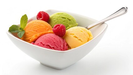 Assorted flavors of ice cream in white bowls, studio shot, summer dessert.

