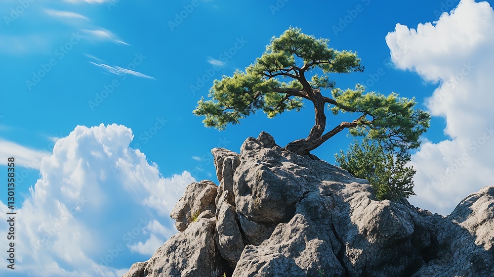 Poster Isolated tree showcasing resilience on rugged rocks with vibrant cloud formations overhead : Generative AI