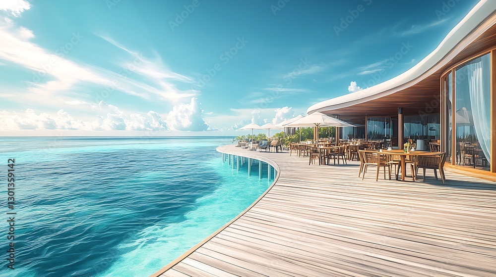 Poster Elegant Resort Dining Area with Stunning Ocean View and Modern Architecture : Generative AI