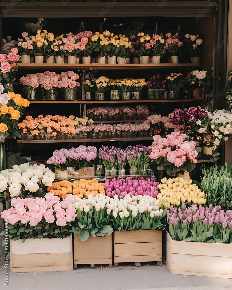 Aufkleber Charming floral display showcasing an array of colorful tulips in a quaint flower shop : Generative AI