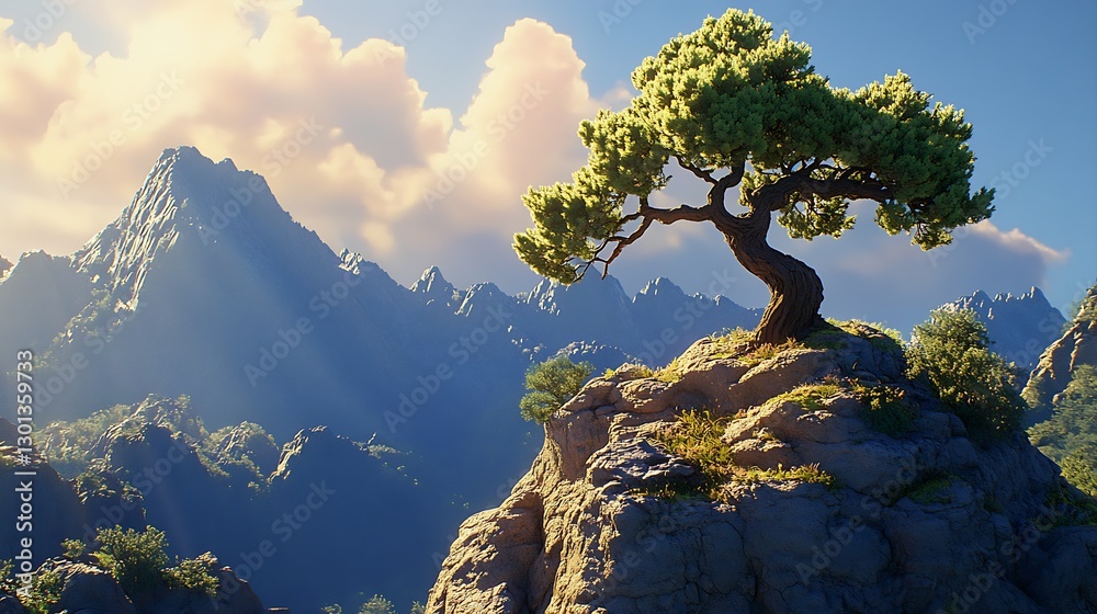Poster Majestic tree on rocky outcrop with mountains and clouds creating a striking natural backdrop : Generative AI