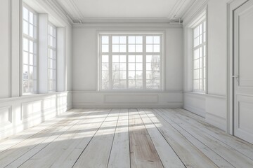 Obraz premium Empty bright white room with large windows and hardwood floor.