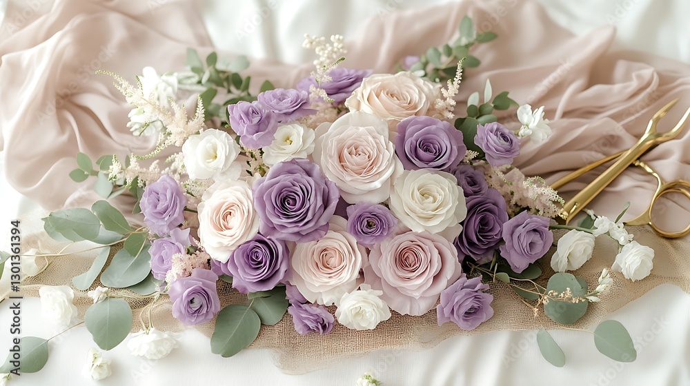 Poster elegant bouquet of lavender and pink roses with subtle greens on a soft fabric backdrop : generative