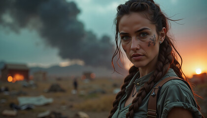 Determined woman with braids in smoky sunset, survival theme backdrop, adventure focus