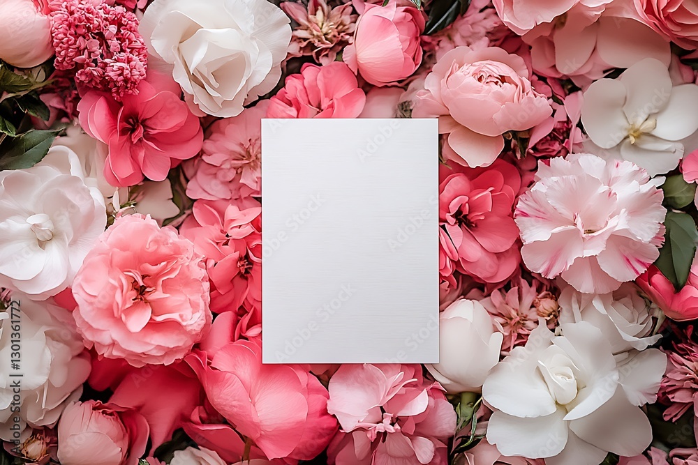 Aufkleber Charming display of pink and white flowers surrounding a blank card in an elegant setting : Generative AI