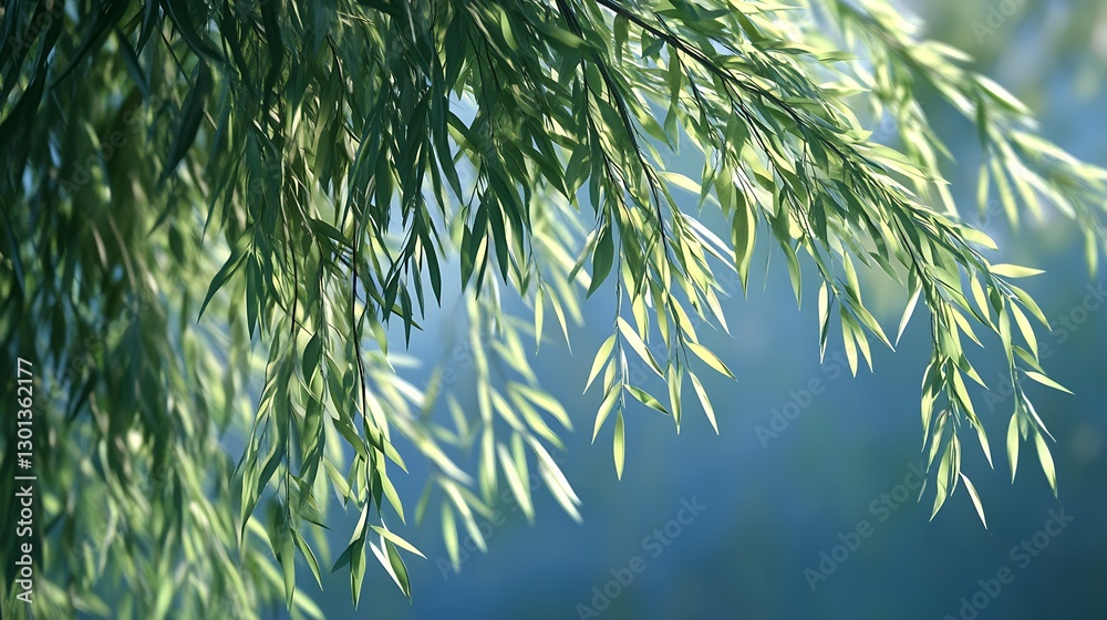 Poster beautiful clusters of green leaves hanging delicately from branches in soft sunlight : generative ai
