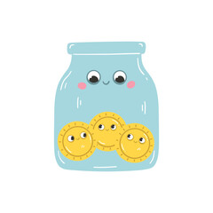 Kawaii coins in a glass jar piggy bank for saving money