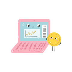 Kawaii coin and laptop with financial chart for investing vector illustration