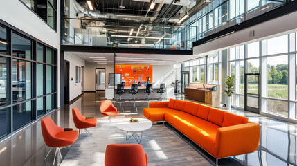 Fototapeta premium Stylish office layout with bright glass surfaces, offering a contemporary workspace environment.