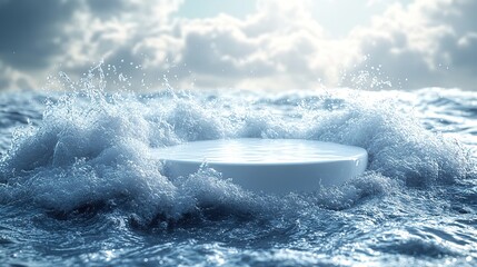 Fototapeta premium Empty white circle podium on transparent dark blue water with splashes and waves in sunlight. Abstract nature background for product presentation, flat lay cosmetic mockup, copy space.