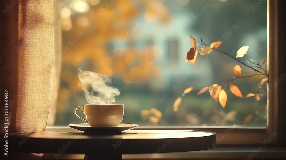 Poster freshly brewed coffee with steam on a table surrounded by autumn leaves : generative ai
