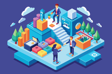 Two professionals engage in partnership discussions on a vibrant isometric platform with various elements, Partnership Customizable Isometric Illustration