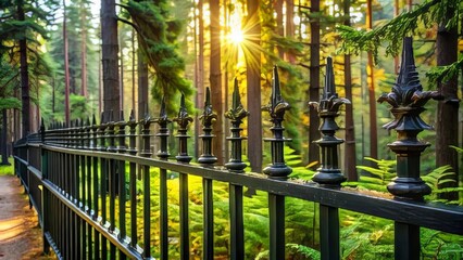 Ornate Metal Fence in a Sunlit Forest Setting