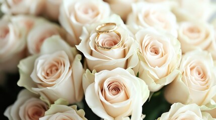 Elegant Wedding Rings Resting on Delicate White Roses Floral Arrangement