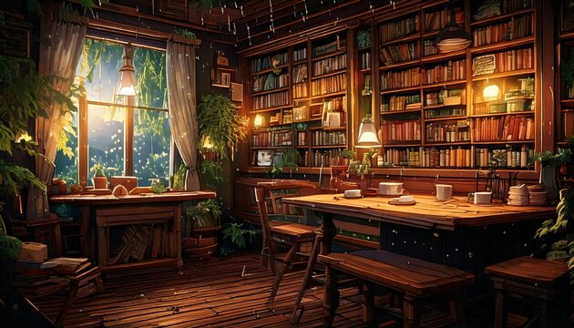 A serene lofi anime-style library featuring wooden furniture, bookshelves filled with books, and sunlight illuminating the space through a window. A perfect backdrop for relaxation and creativity.