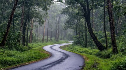 Fototapeta premium A Winding Road Through a Foggy Forest Is Presented in Detail